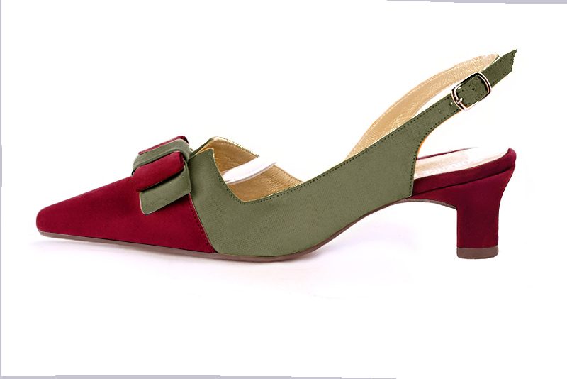 Burgundy red and khaki green women's open back shoes, with a knot. Tapered toe. Low kitten heels. Profile view - Florence KOOIJMAN